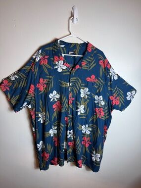 Lands End Mens Casual Button Down Shirt Floral Tropical 4XL Blue Coral Cruise